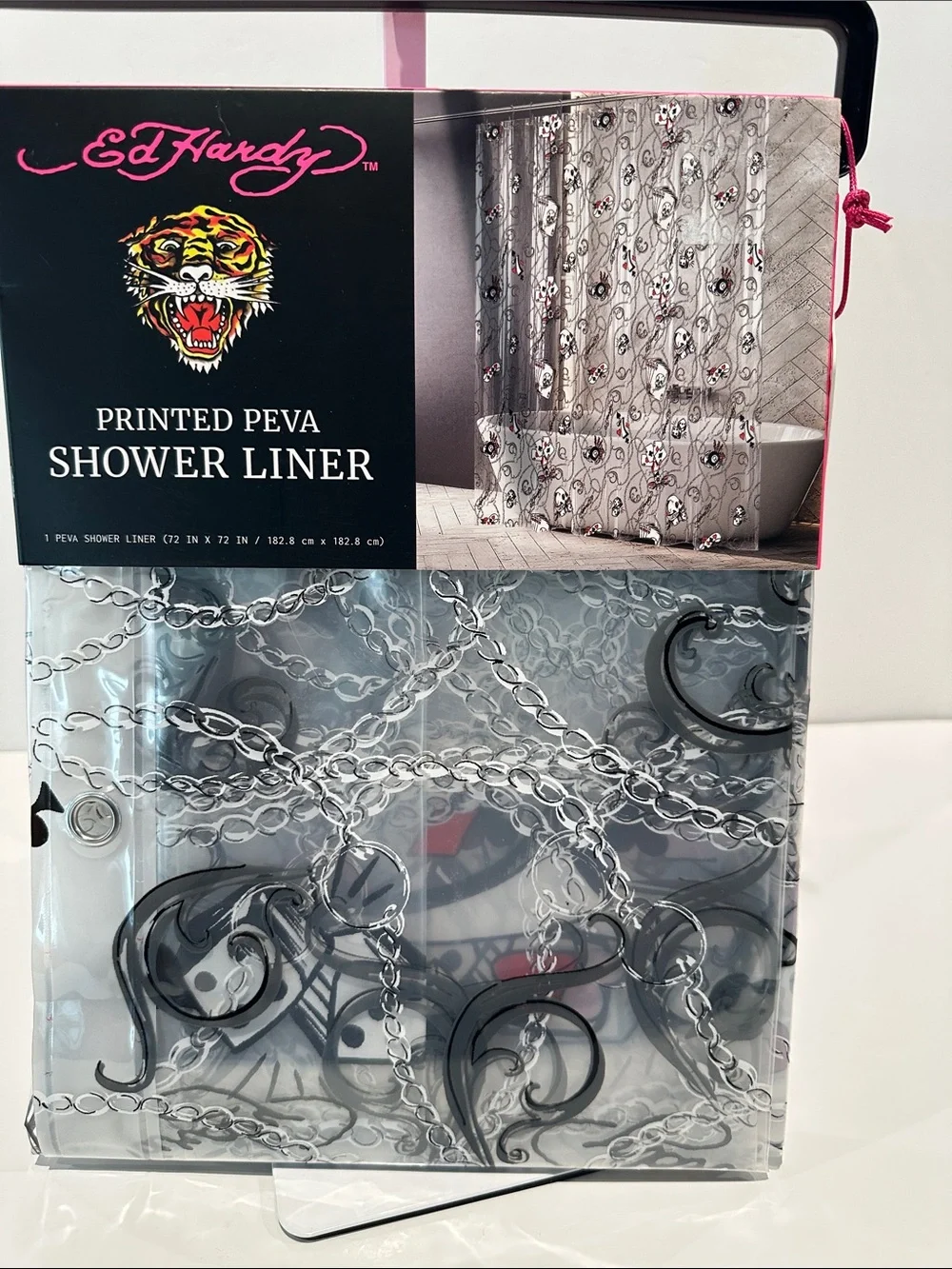 NWT Ed Hardy Printed Peva Black & White Shower Liner.